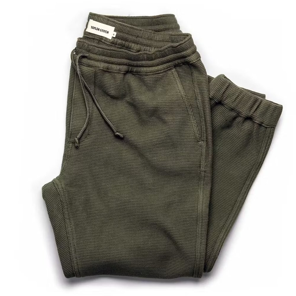 Taylor Stitch " The Apres Pant " Green Jogger Indigo Waffle Button Fly - Large